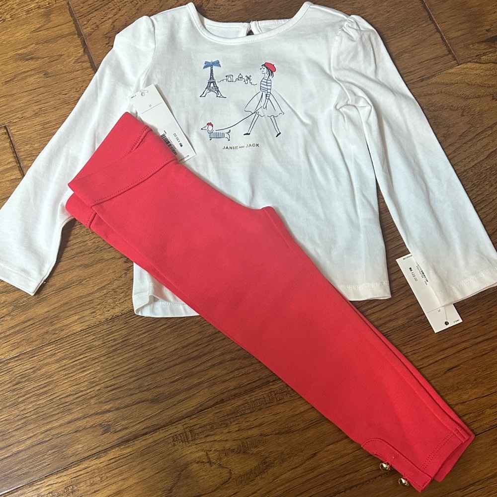 Janie and Jack White Parisian Tee and Red Leggings Set